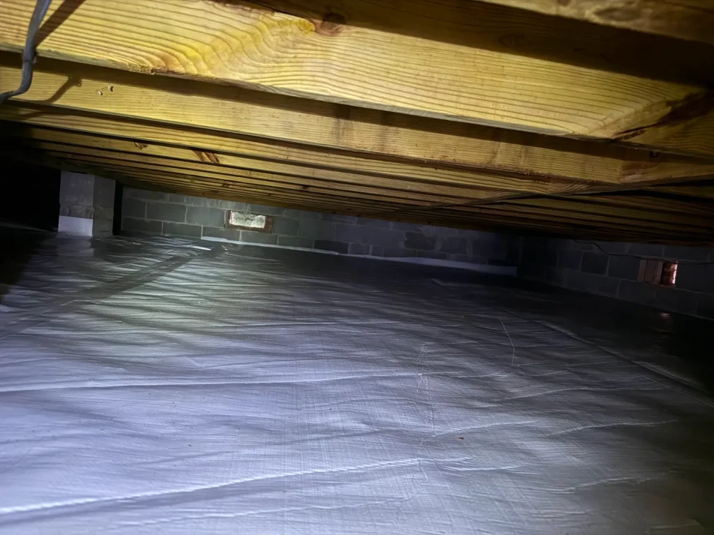 Crawlspace with a white vapor barrier covering the ground, concrete block walls, and wooden floor joists above.